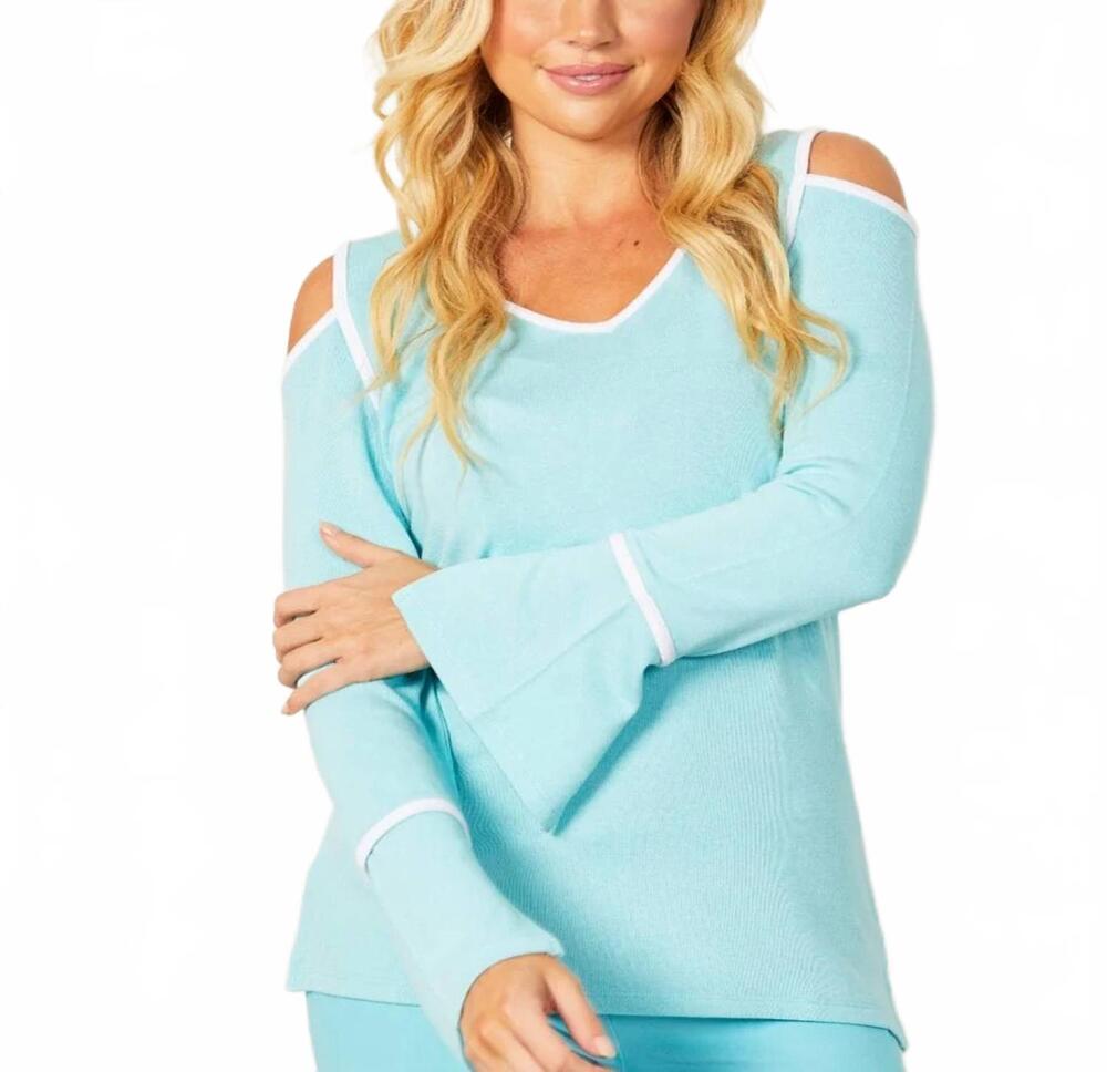 NEW FRENCH KYSS cold shoulder contrast top in turquoise